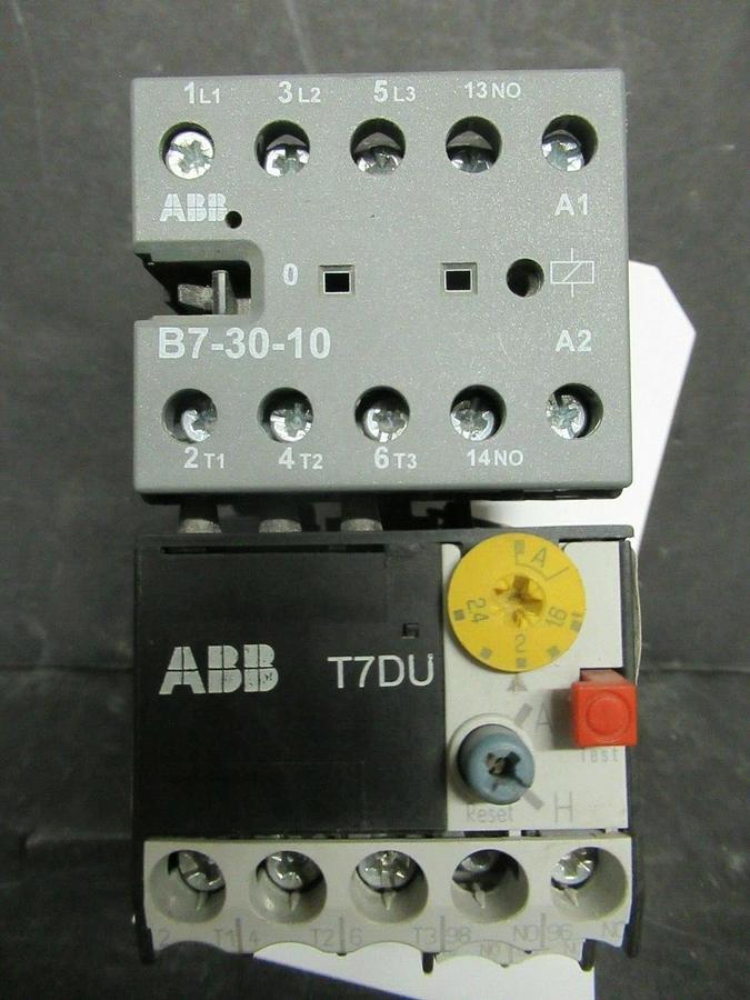 Used 16 AMP ABB STARTER B7-30-10 600 VAC 5 HP COIL: 24 VAC W/ T7DU OVERLOADS 1.6-2.4A