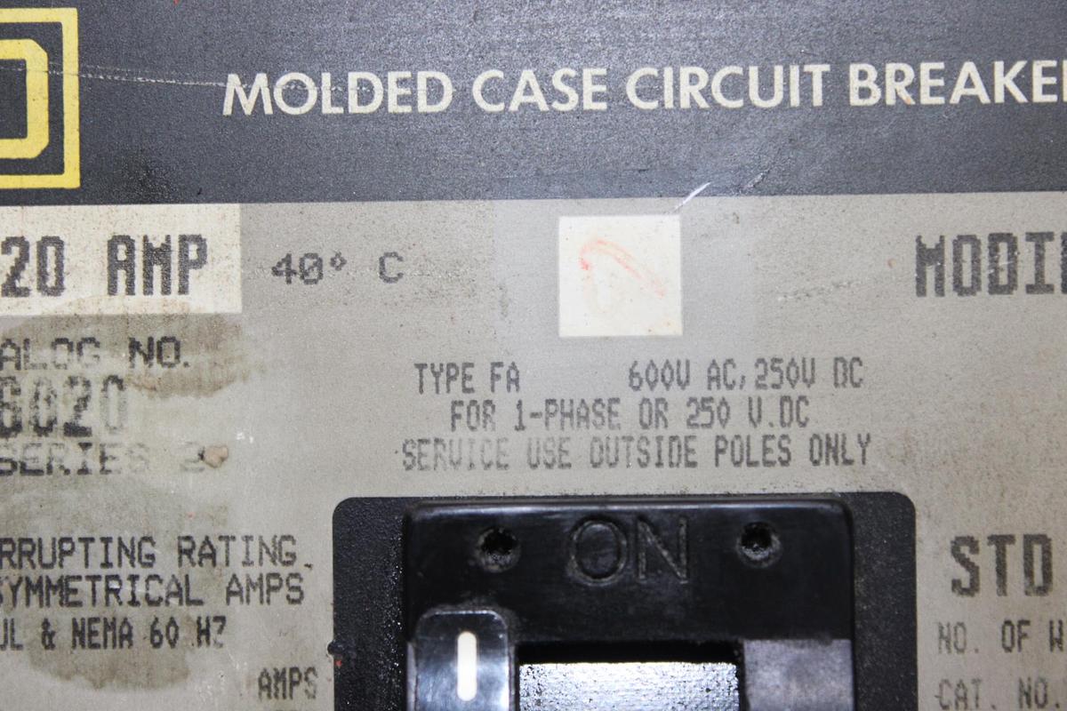 Used SQUARE D I-LINE CIRCUIT BREAKER FH36020 20 AMP 600 VOLT 3-POLE