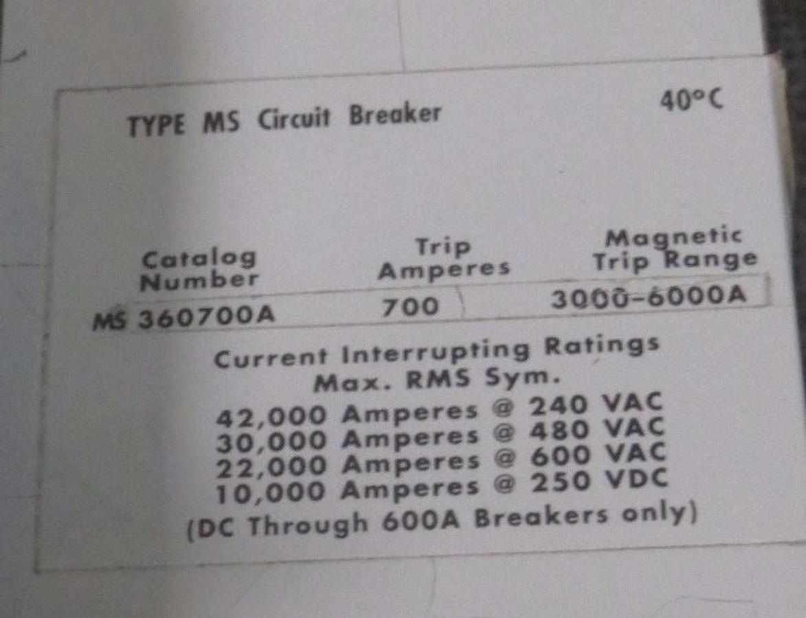 Used CUTLER HAMMER CIRCUIT BREAKER MS360700A 700 AMP 600 VAC 3-POLE W/ SHUNT TRIP