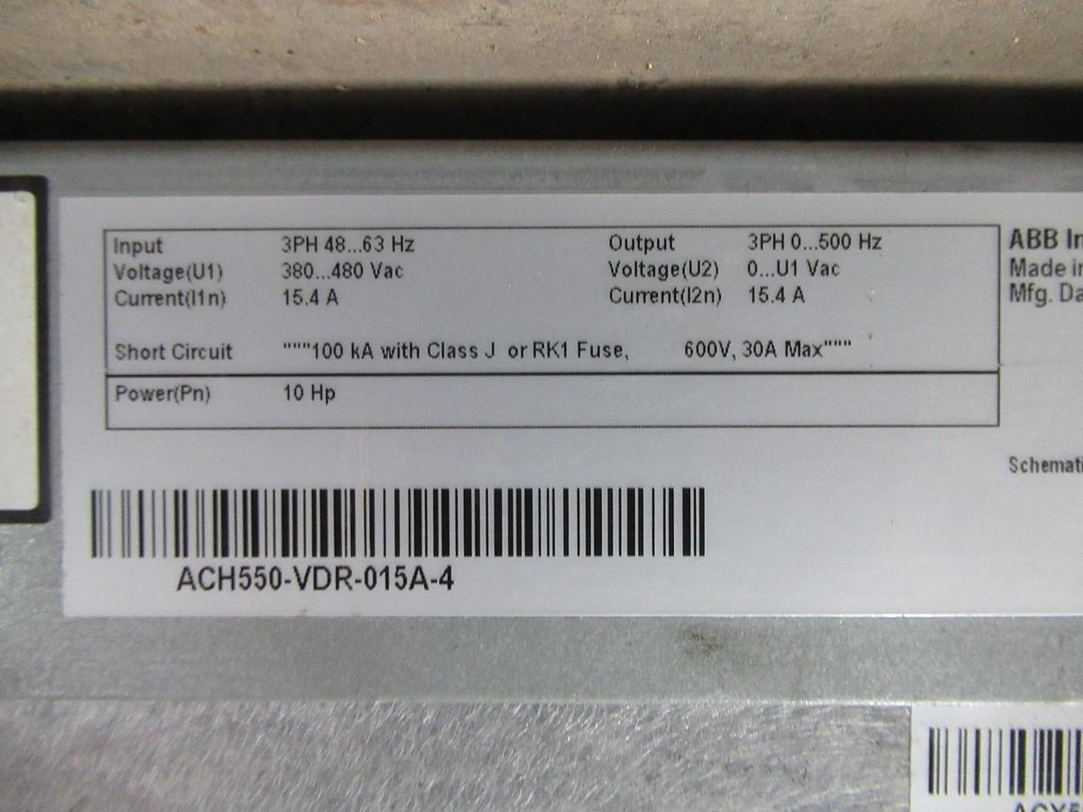 Used ABB VARIABLE SPEED DRIVE ACH550-VDR-015A-4 W/ BYPASS 10HP 3PHASE 480V 15.4A