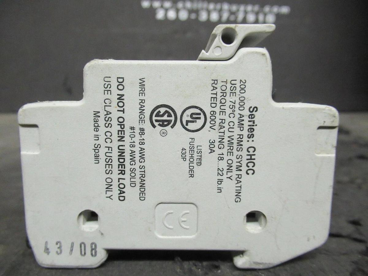 Used 30 AMP 600 VAC 3 POLE BUSSMANN CLASS CC FUSE HOLDER CHCC3DI SERIES CHCC UL CSA