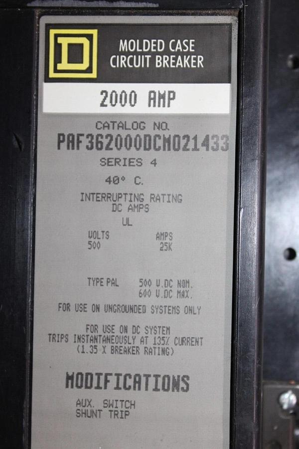 Used SQUARE D DC CIRCUIT BREAKER PAF362000DCM021433 W/ AUX. SWITCH & SHUNT TRIP