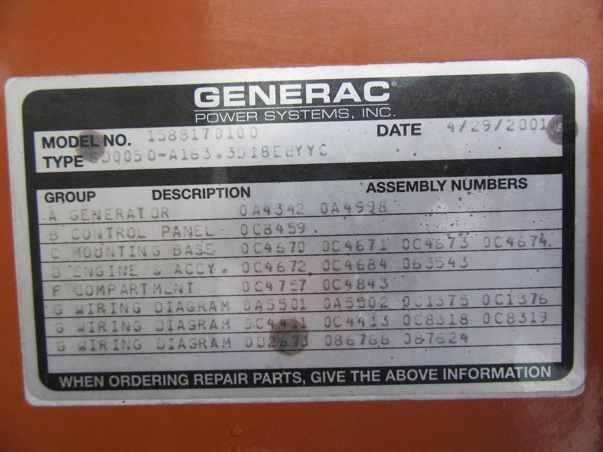 Used 50 KW DIESEL GENERATOR GENERAC 120/240V 1 PH ONLY 137.5 HRS  ENCLOSED 50 KW