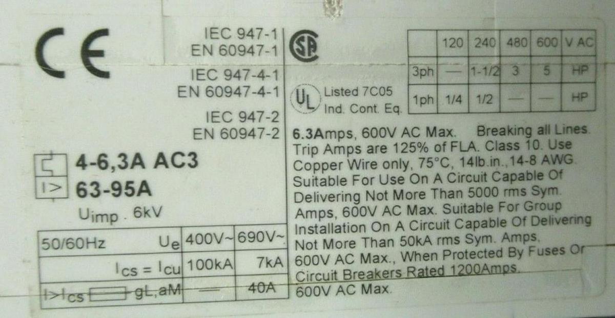 Used ABB MANUAL MOTOR START MS325 3 - 5 HP @ 480 V 4 - 6.3 AMP 600 VAC W/ AUXILIARY