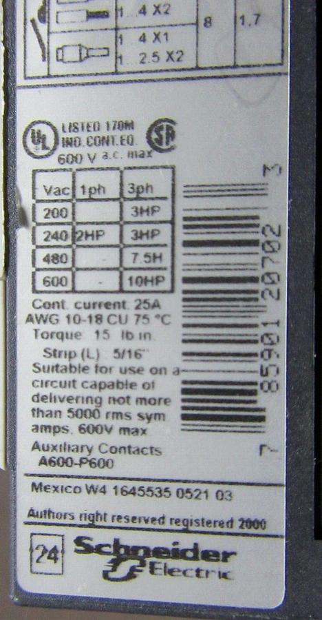 Used SQUARE D MANUAL MOTOR STARTER LC1-D12 25 AMP 600 VAC 10 HP W/ GV2-P14H7