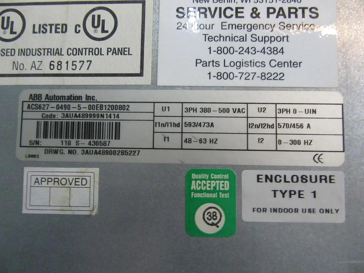 Used ABB MULTI SPEED DRIVE CABINET ACS627-0490-5-00EB1200802 3-PHASE 593 AMP 480 VAC