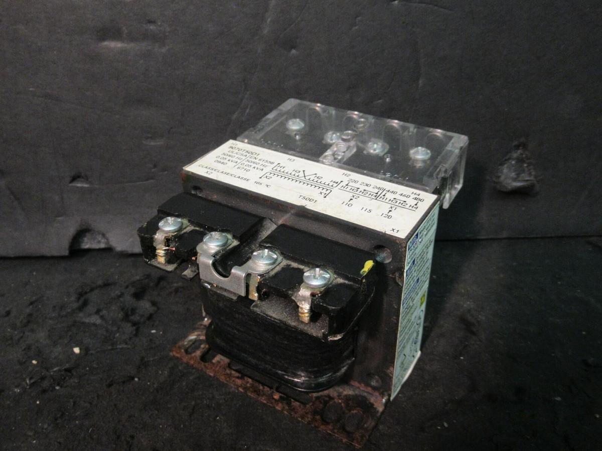Used 0.05 KVA (50 VA) SQUARE D CONTROL TRANSFORMER 240 / 480 V TO 120 VAC 9070T50D1