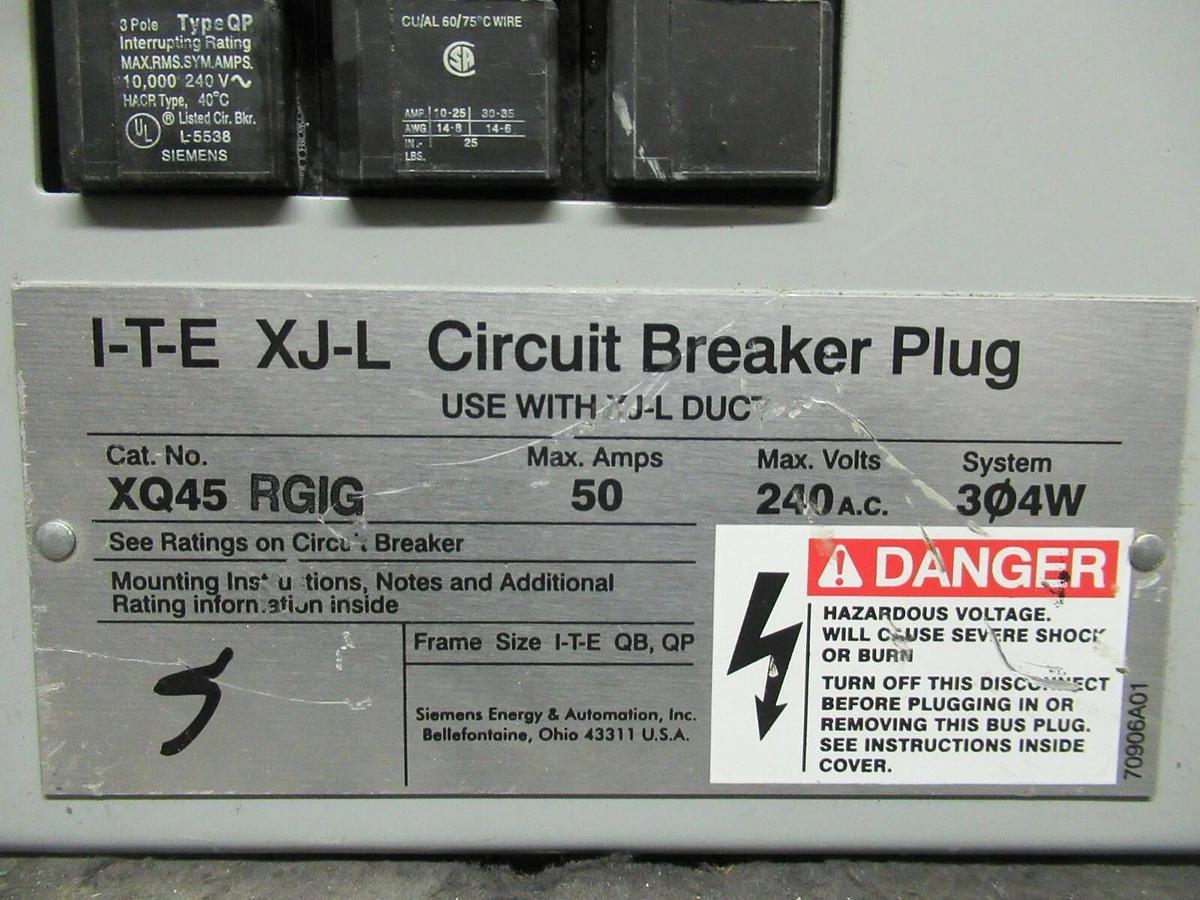 Used SIEMENS ITE BUS PLUG XQ45RG XQ45RGIG 50 AMP 240V 3P4W+GROUND XJ-L 30 AMP BREAKER