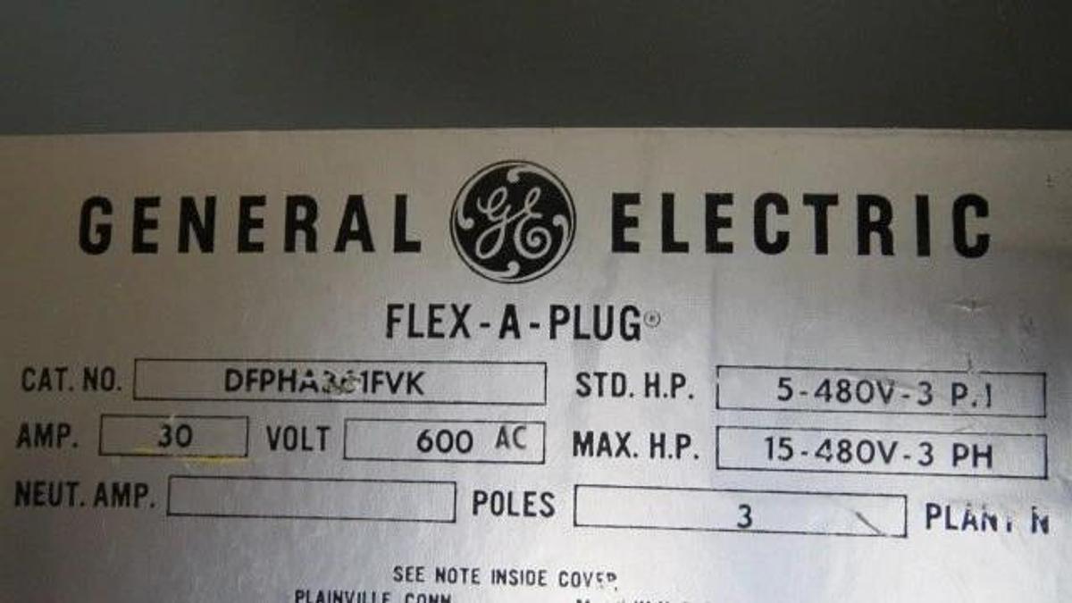 Used GE 30 Amp 600 Volt BUSWAY SWITCH FLEX A PLUG BUS 15HP 3 Poles CAT# DFPHA361FVK