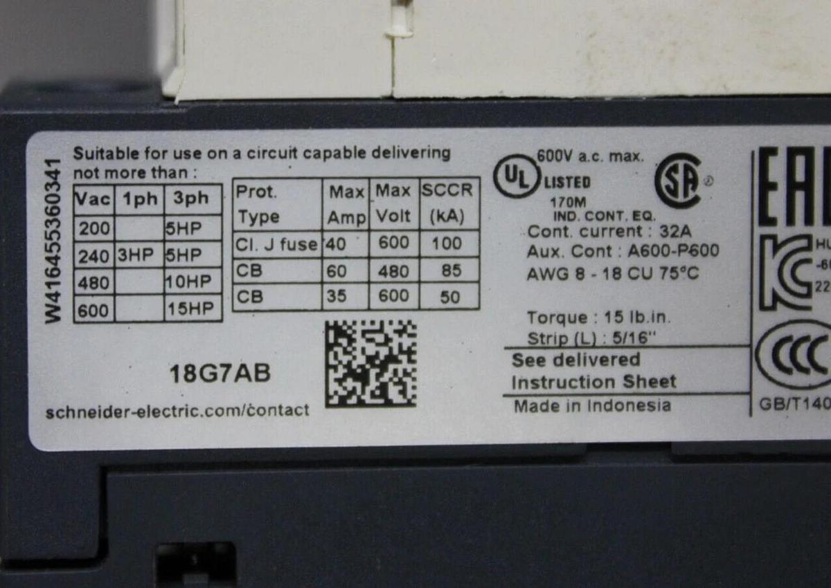 Used SCHNEIDER CONTACTOR LC1D18 32 AMP 600 VAC 3-POLE 3-PHASE 10 KW COIL: 120V
