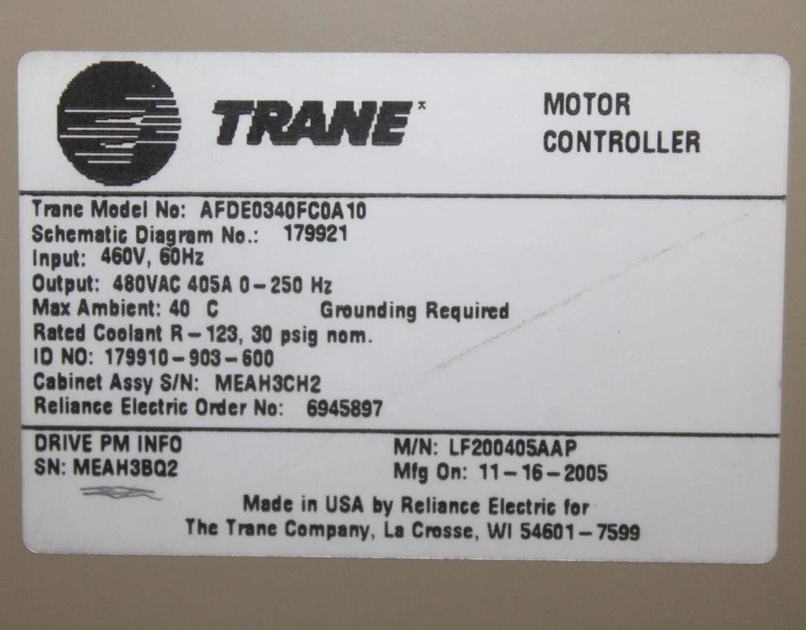 Used TRANE CHILLER LIQUIFLO ADAPTIVE FREQUENCY DRIVE LF200405AAP 480V 405 AMP 337 KVA