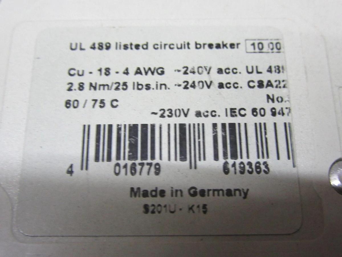 Used ABB S201-U-K15A 240 VOLT 15 AMP SINGLE POLE **WARRANTY INCLUDED**