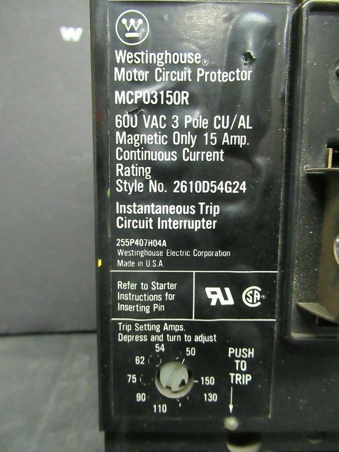 Used 15 AMP WESTINGHOUSE BREAKER MCP03150R 600 VAC 3 POLE W/ AUXILIARY SWITCH