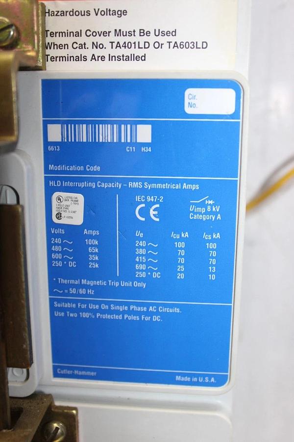 Used CUTLER HAMMER CIRCUIT BREAKER HLD3600F 600 AMP 600 VAC 3-POLE W/ SHUNT TRIP