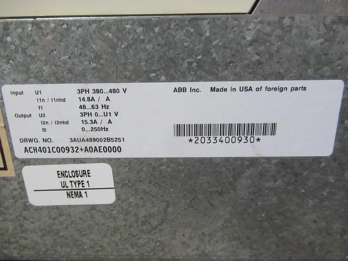 Used ABB VARIABLE SPEED DRIVE ACH401C00932 W/ BYPASS 7.5HP 3PHASE 480V 14.8A TYPE 1