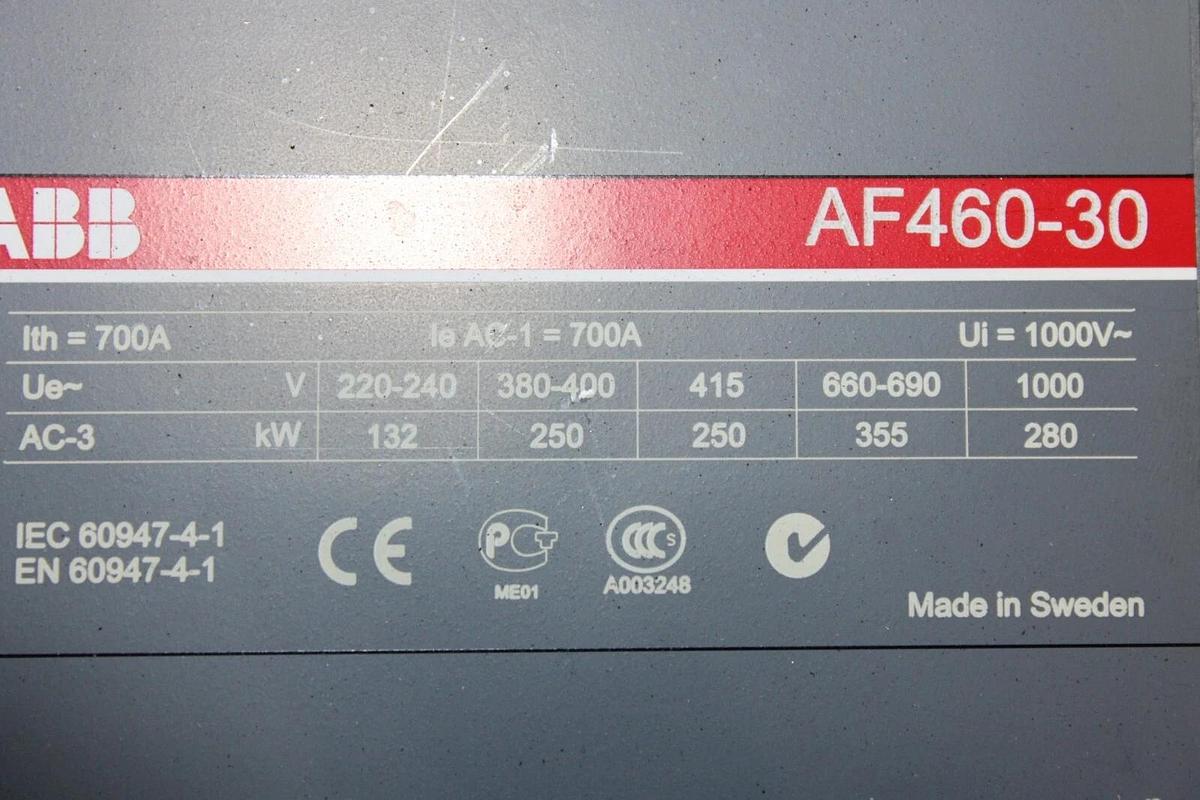 Used ABB CONTACTOR AF460-30 3-POLE 600 VAC 500 HP 700 AMP COIL: 24/60 VOLT