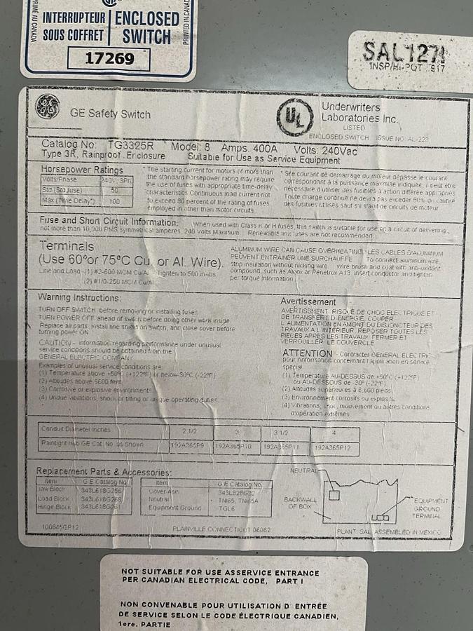 Used GENERAL ELECTRIC SAFETY DISCONNECT SWITCH TG3325R 400 AMP 240 VAC 100 HP NEMA 3R