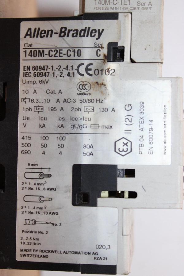 Used ALLEN BRADLEY MANUAL MOTOR STARTER 140M-2CE-C10 10 AMP 600 VAC