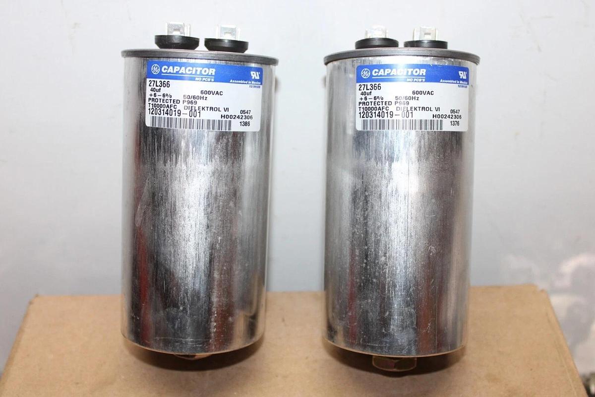 Used LOT OF 2 GE DIELEKTROL VI CAPACITOR 27L366 120314019-001 600 VAC 40 uF ± 6%