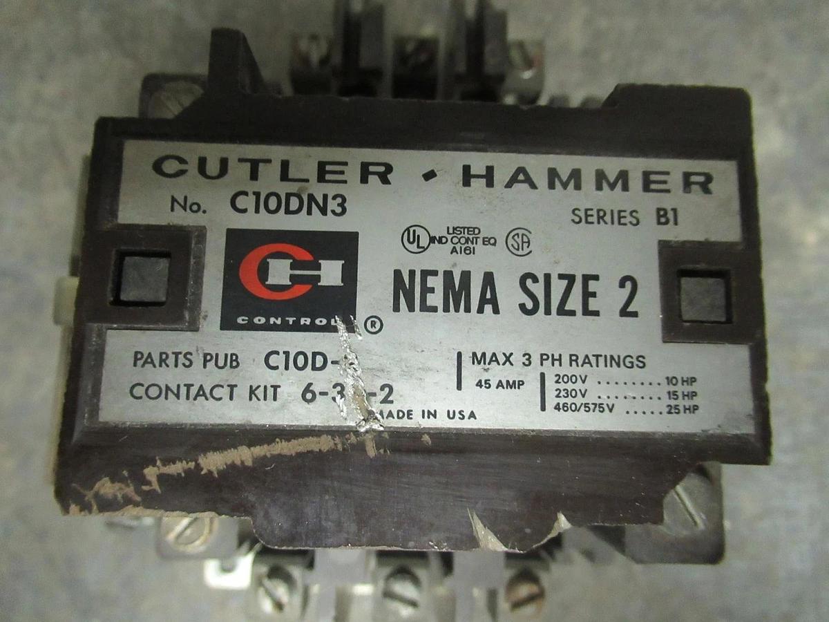 Used CUTLER-HAMMER CONTACTOR C10DN3 NEMA SIZE 2 45 AMP 600 VAC 25 HP COIL: 480V