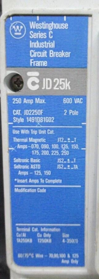 Used WESTINGHOUSE BREAKER JD2250F 200 AMP TRIP 600 VAC 2-POLE W/ LUGS **WARRANTY**