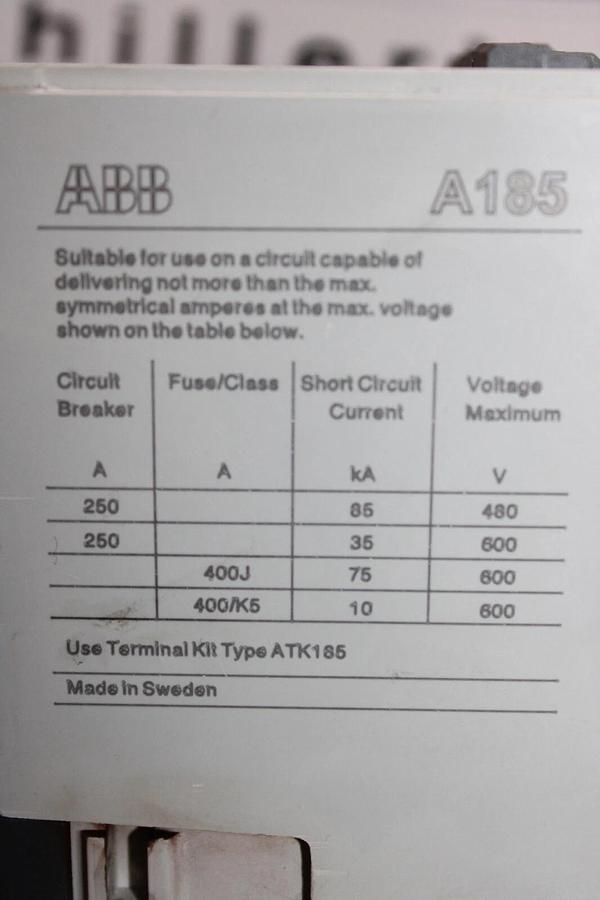 Used ABB CONTACTOR A185-30 250 AMP 600 VOLT 3-POLE 150 HP COIL: 120V