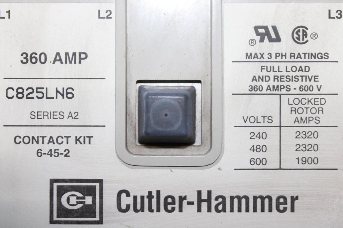 Used CUTLER HAMMER CONTACTOR C825LN6 360 AMP 600V 3-PHASE COIL: 120V