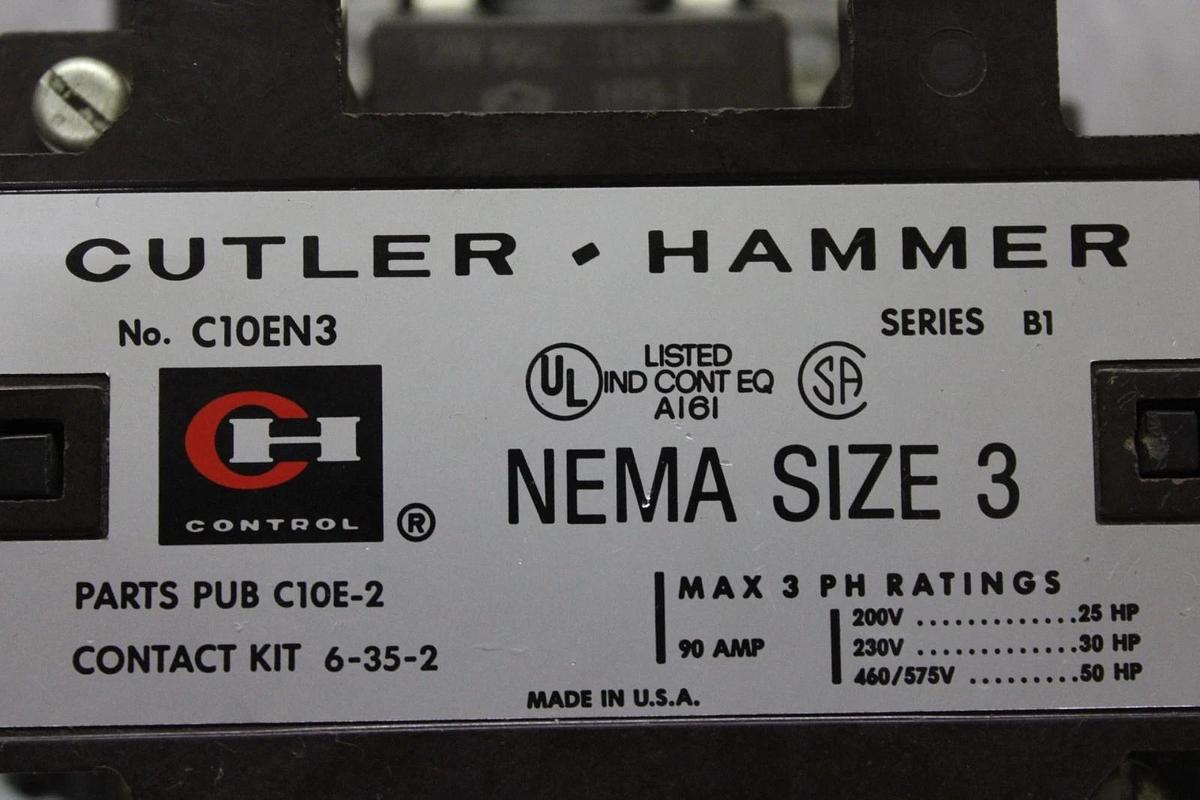 Used CUTLER-HAMMER CONTACTOR C10EN3 NEMA SIZE 3 90 AMP 600 VAC 3-POLE COIL: 120 V