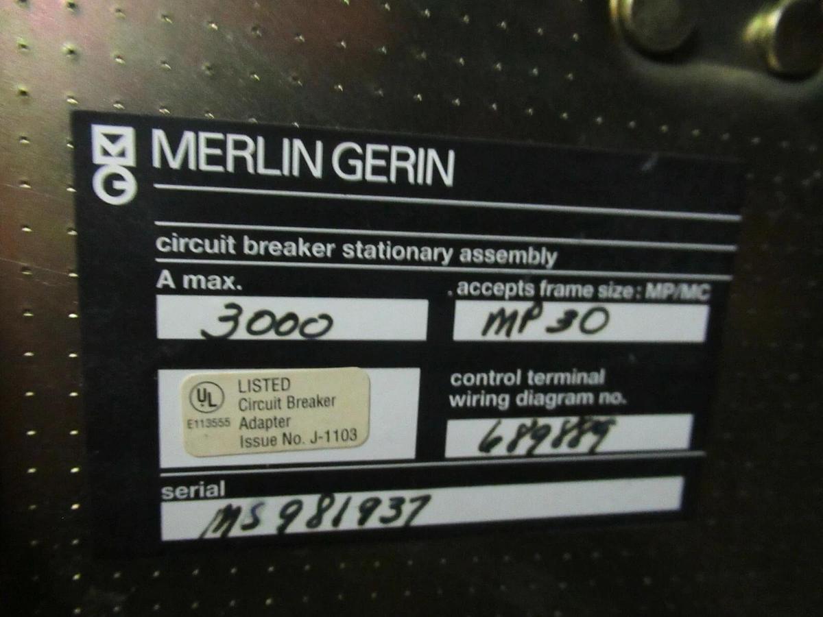 Used 3000 A SQUARE D MERLIN GERIN MASTERPACT BREAKER STATIONARY ASSEMBLY MP30 CRADLE