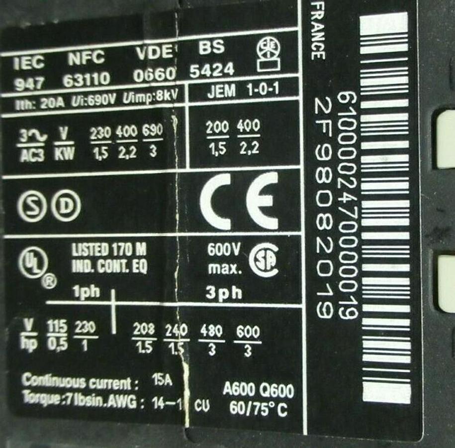 Used TELEMECANIQUE CONTACTOR LC1K0610B7 600 VAC 15 AMP 3 HP COIL: 120 VAC