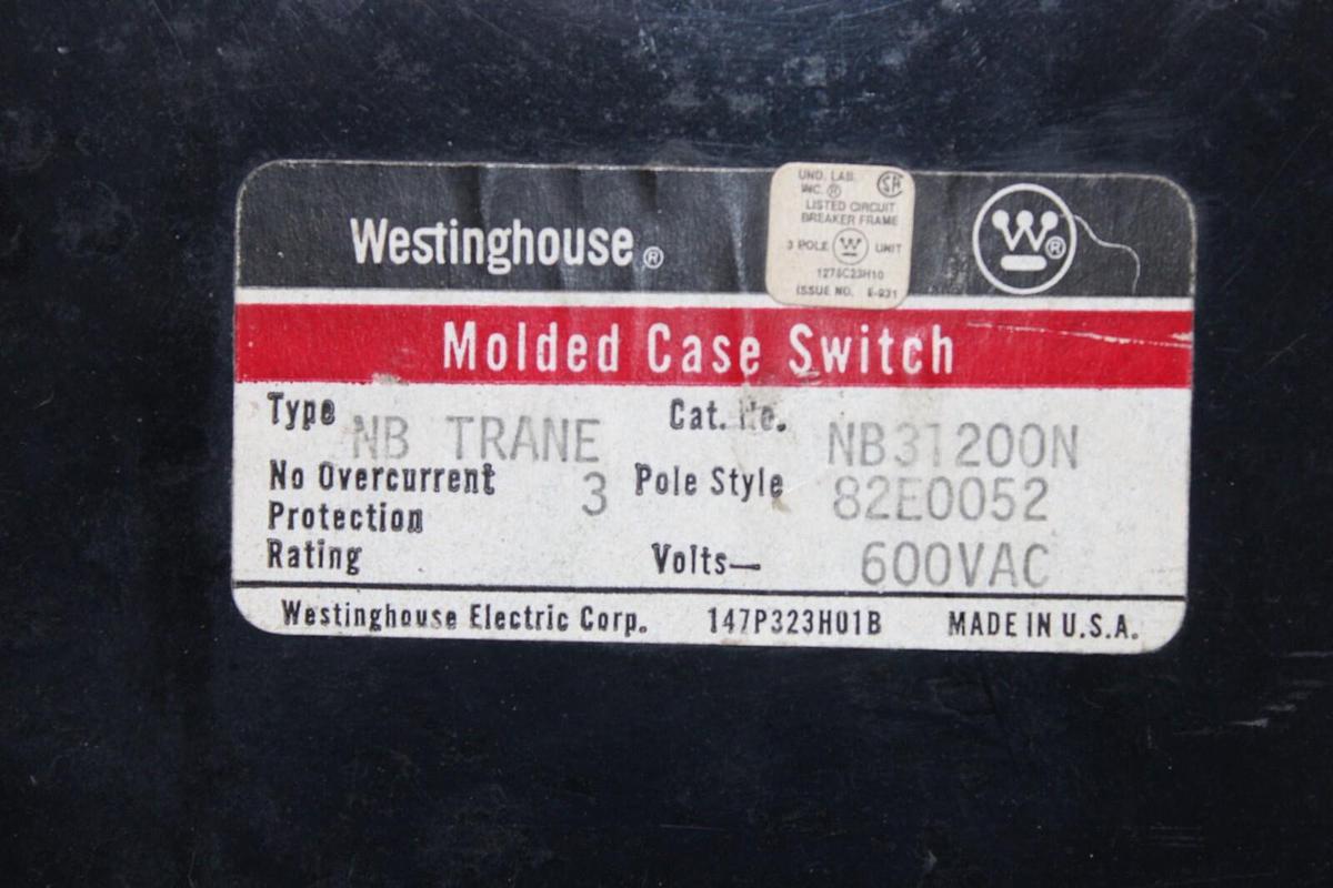 Used CUTLER HAMMER MOLDED CASE SWITCH NB31200N 1200 AMP 3-POLE 600 VAC