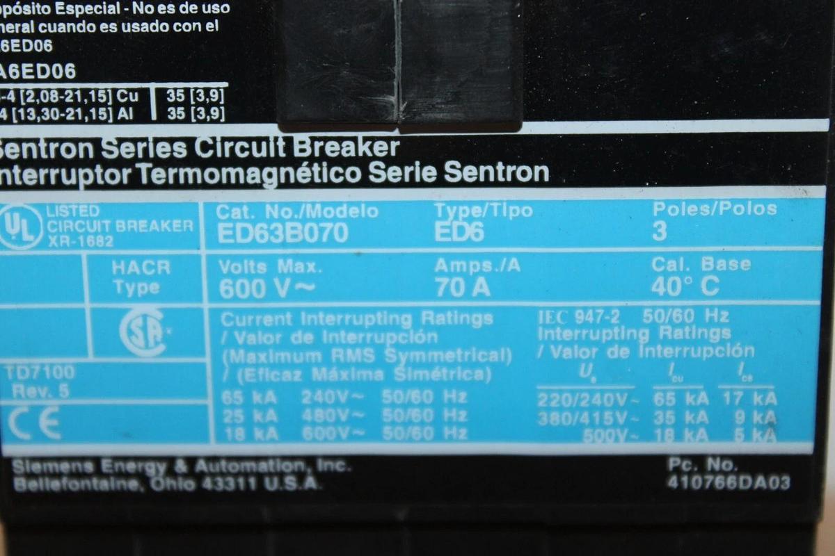 Used SIEMENS ED6 CIRCUIT BREAKER ED63B070 70 AMP 600 VAC 3-POLE **WARRANTY INCLUDED**