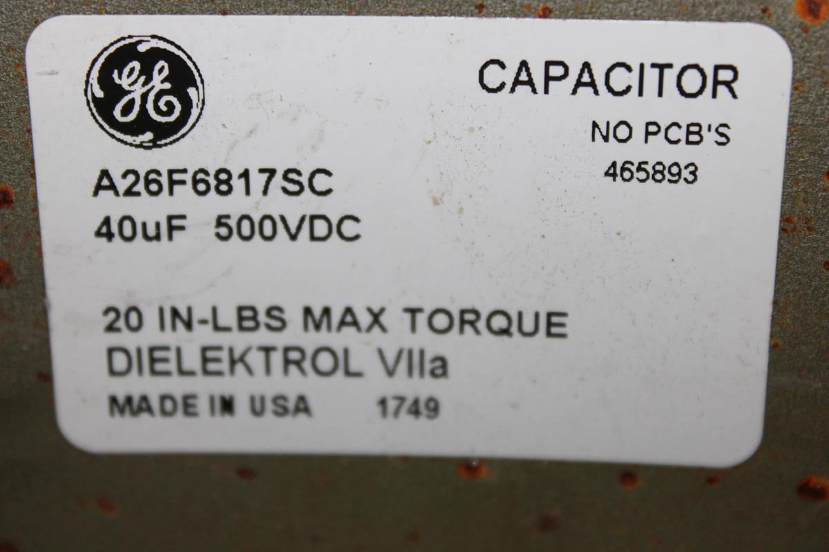 Used GENERAL ELECTRIC DIELEKTROL VIIA CAPACITOR A26F6919SC 40 uF 600 VDC