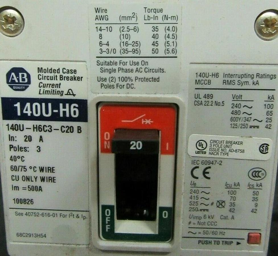 Used 20 AMP ALLEN BRADLEY BREAKER 140U-H6C3-C20 SER. B 3 POLE 480 VAC **WARRANTY**
