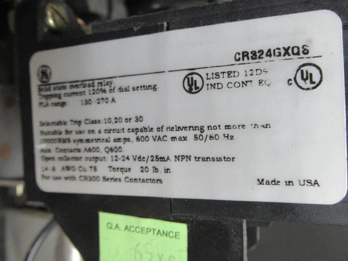 Used GE NEMA 5 STARTER CR306GXQ004BJH 600 VAC 270 AMP 200 HP 3-PHASE W/ CR324GXQS