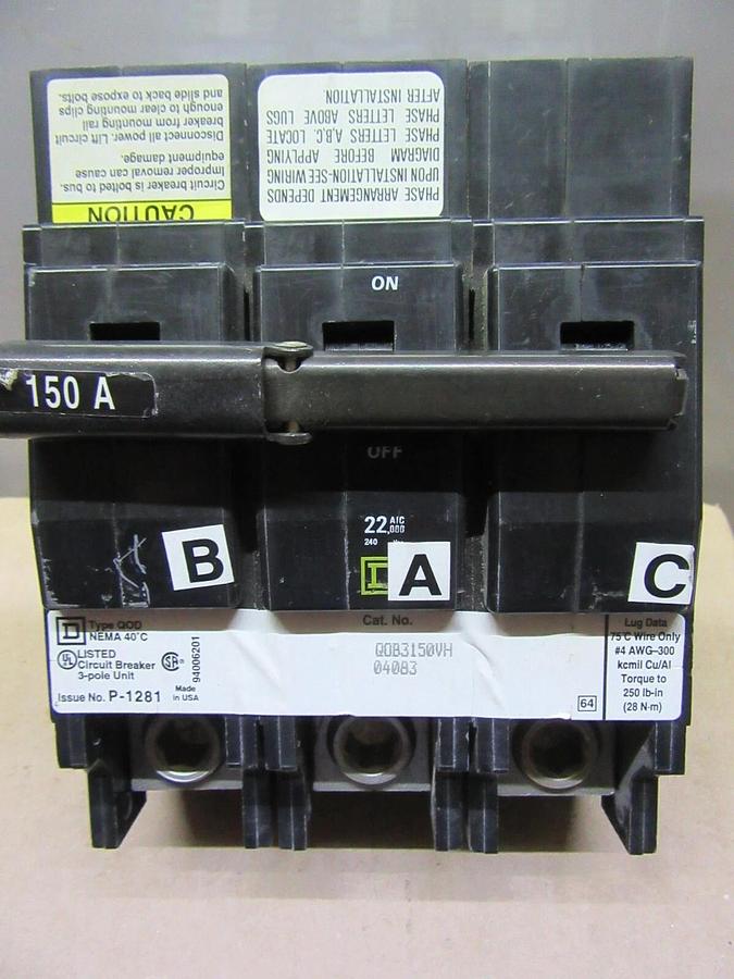 Used SQUARE D CIRCUIT BREAKER QOB3150VH 150 AMP 240 VAC 3-POLE **WARRANTY**