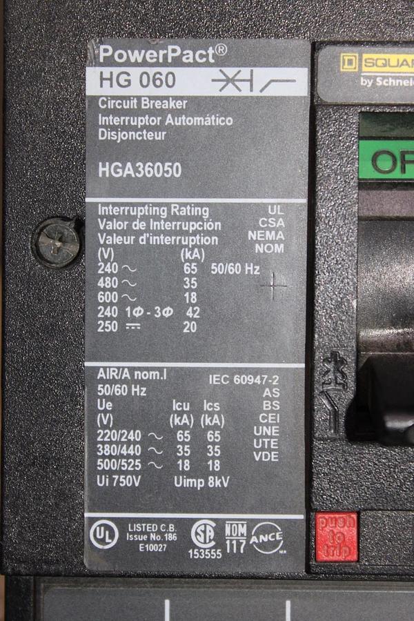 Used SQUARE D POWERPACT I-LINE CIRCUIT BREAKER HGA36050 50 AMP 600 VOLT 3-POLE