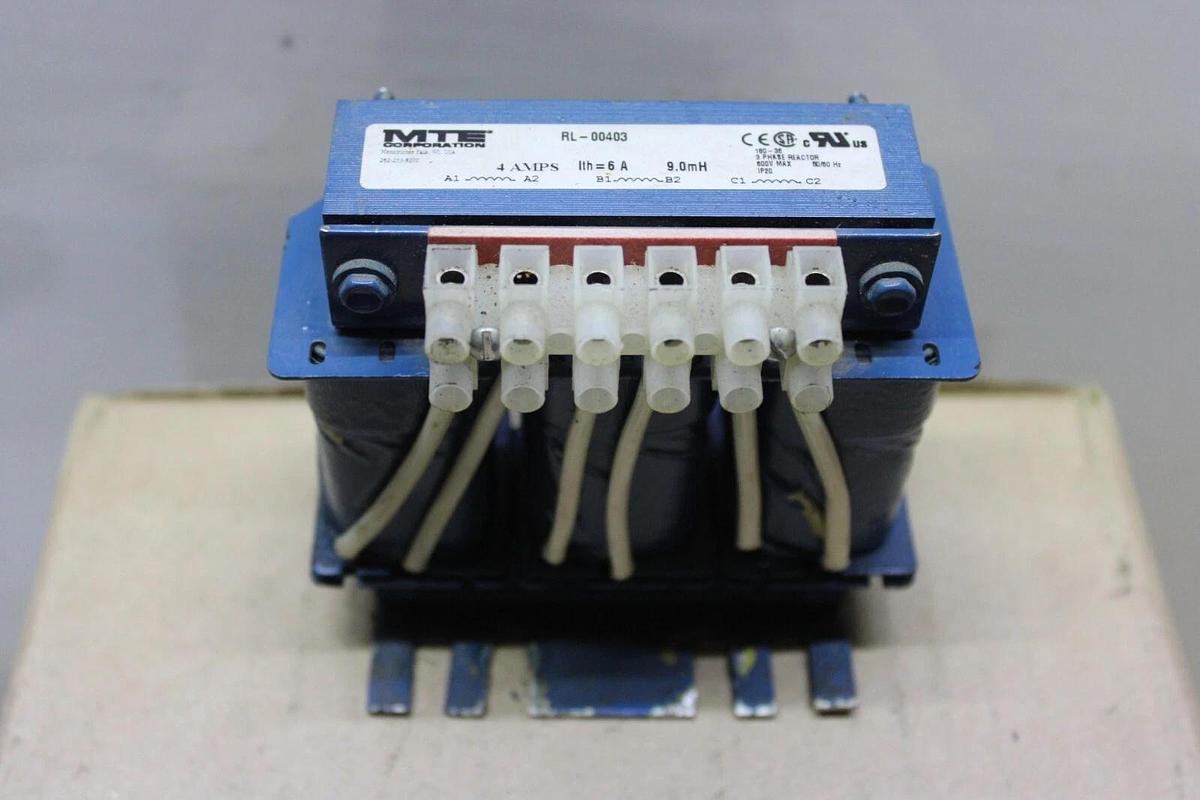 Used MTE 3-PHASE REACTOR RL-00403 4-6 AMP 600 VOLT 9 mH 50/60 HZ **WARRANTY**