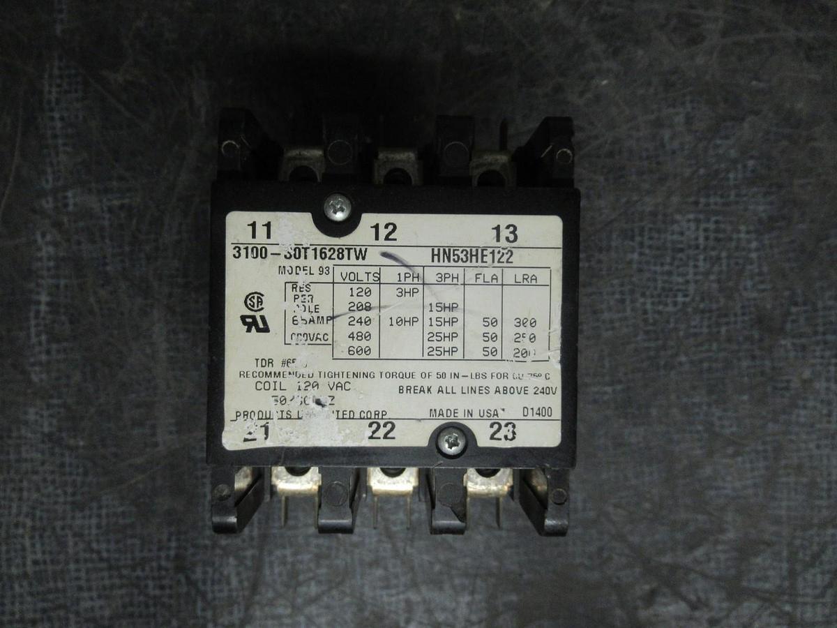 Used PRODUCTS UNLIMITED CONTACTOR 3100-30T1628TW 600V 25HP 65A/RES HN53HE122