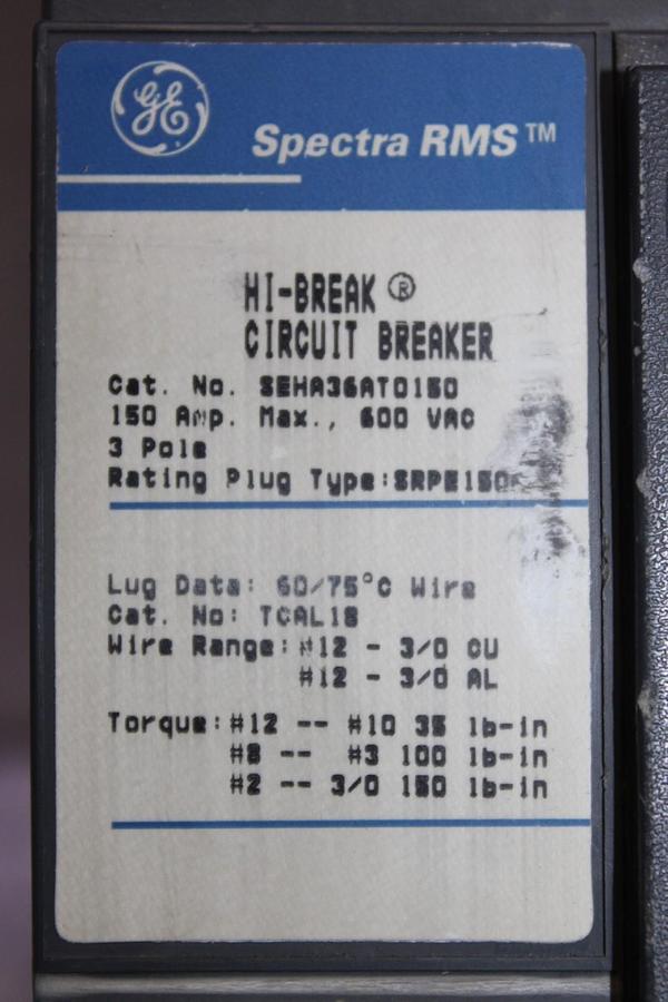 Used GE SPECTRA CIRCUIT BREAKER SEHA36AT0150 150 AMP 600 VAC 3-POLE W/ AUX. SWITCH