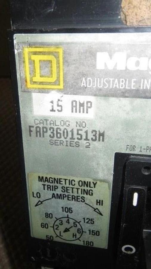 Used SQUARE D MAG-GUARD BREAKER 15 AMP 600 VAC 3 POLE MODEL FAP3601513M SER 2