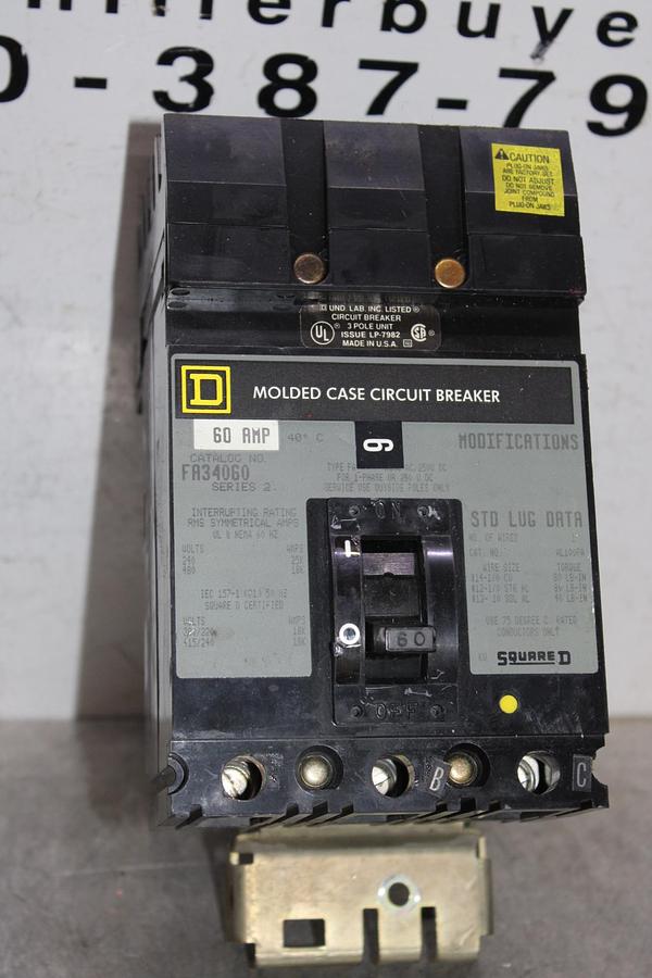 Used SQUARE D I-LINE CIRCUIT BREAKER FA34060 SERIES 2 60 AMP 480 VAC 3-POLE