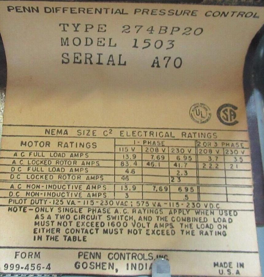 Used PENN DIFFERENTIAL PRESSURE CONTROL 274BP20-1503 230 VAC 13.9 AMP **WARRANTY**