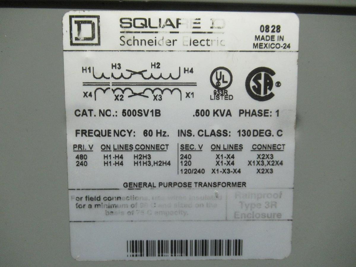 Used SQUARE D TRANSFORMER 500SV1B 0.5KVA 60HZ 480V 1-PHASE **WARRANTY INCLUDED**