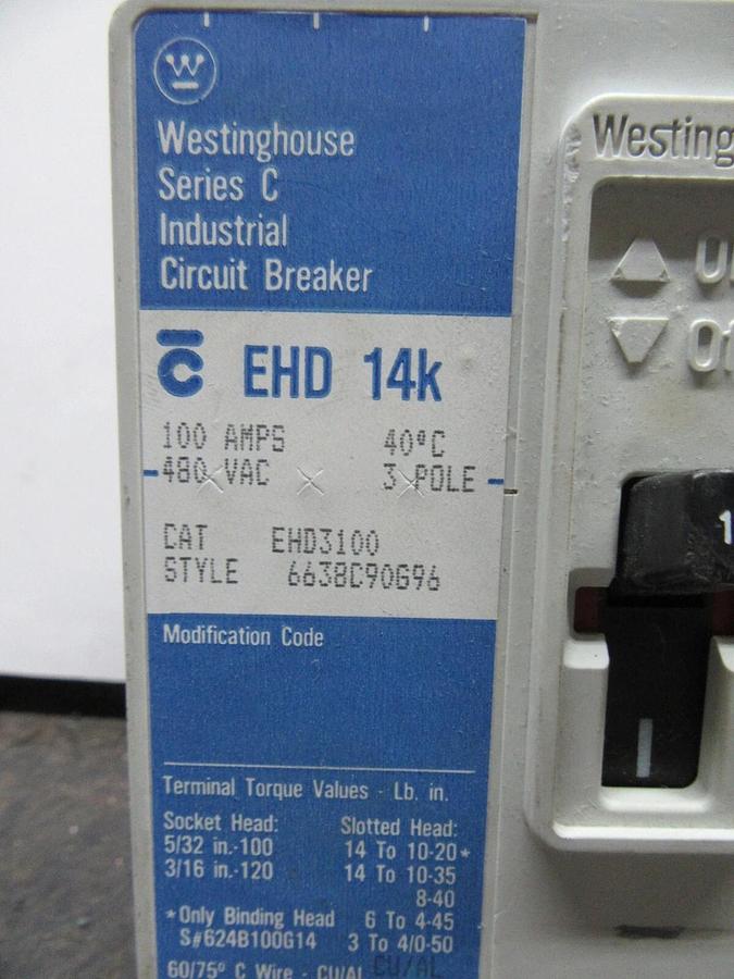Used CUTLER HAMMER CIRCUIT BREAKER EHD3100 100 AMP 3-POLE 480 VAC