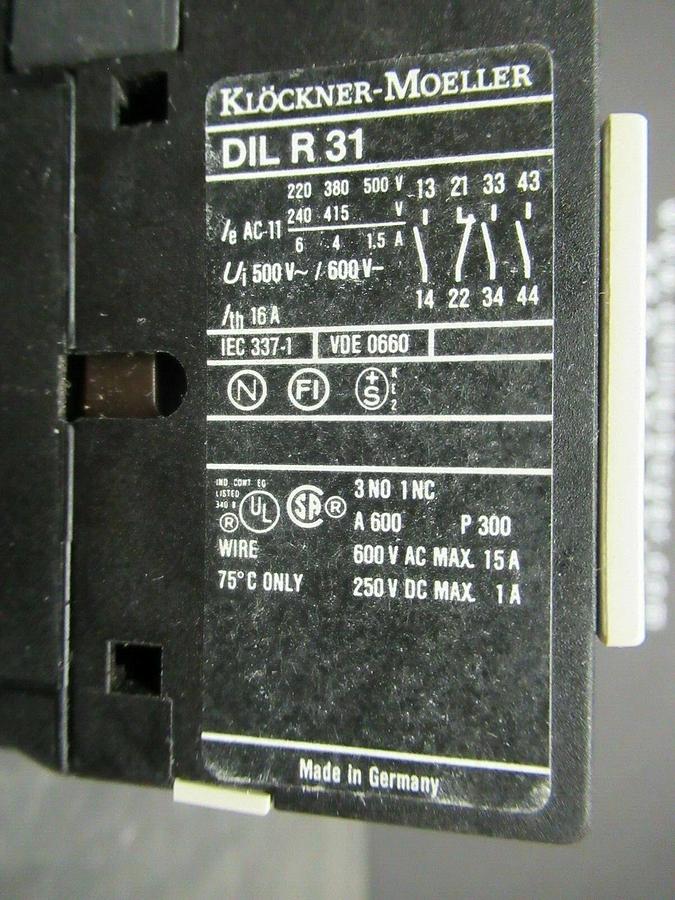 Used KLOCKNER-MOELLER CONTACTOR DIL R 31 600 VAC 15 AMP **WARRANTY INCLUDED!**