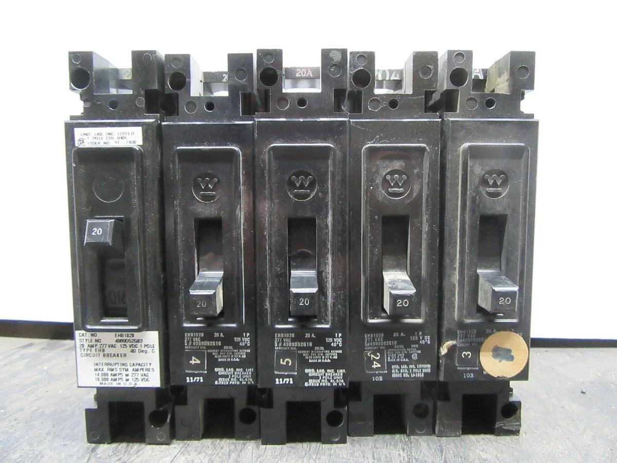 Used LOT OF 5 CUTLER HAMMER BREAKER EHD1020 1-POLE 20 AMP 277 VAC **WARRANTY**