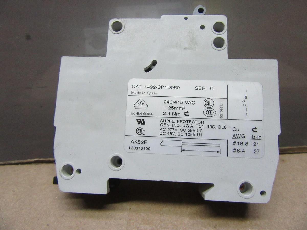 Used ALLEN BRADLEY BREAKER 1492-SP1D060 6 AMP 277 VAC SINGLE POLE **WARRANTY**