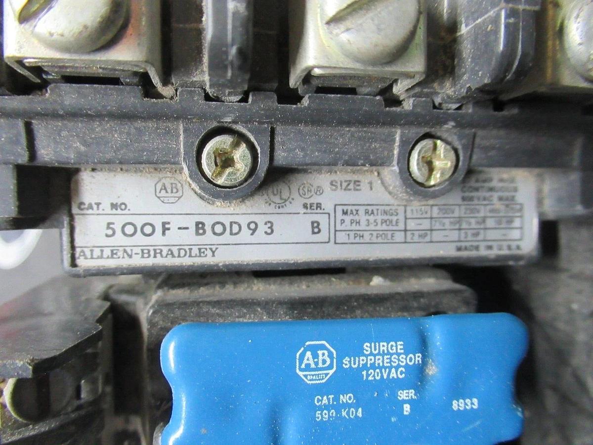 Used ALLEN BRADLEY NEMA 1 CONTACTOR 500F-BOD93 27 AMP 600 VAC 10 HP W/ 599-K04