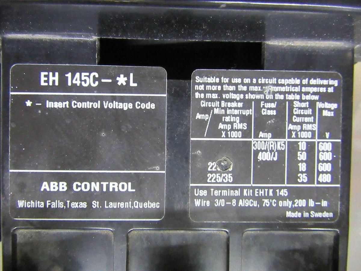 Used ABB CONTACTOR EH-145 600 VAC 200 AMP 125 HP 3-PHASE 3-POLE **WARRANTY**
